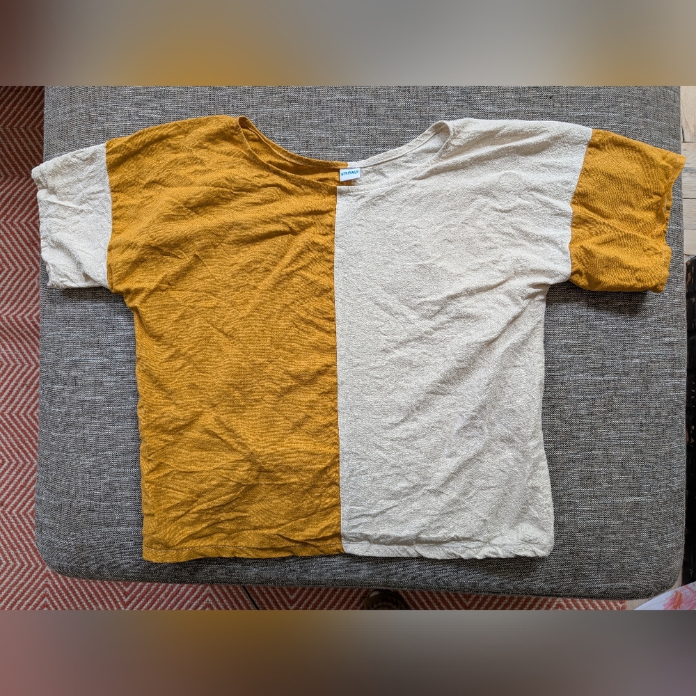 Frond Linen Handmade Boxy Tee - Colorblock Marigold/Oatmeal - S/M